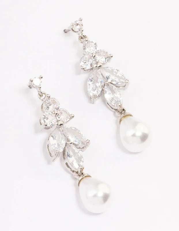 Gold-Plated Earrings-Silver Cubic Zirconia Pearl Drop Earrings