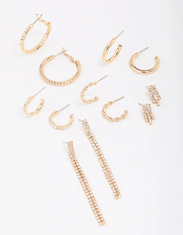 Fun Statement Earrings-Gold Mixed Diamante Stud Earring 6-Pack