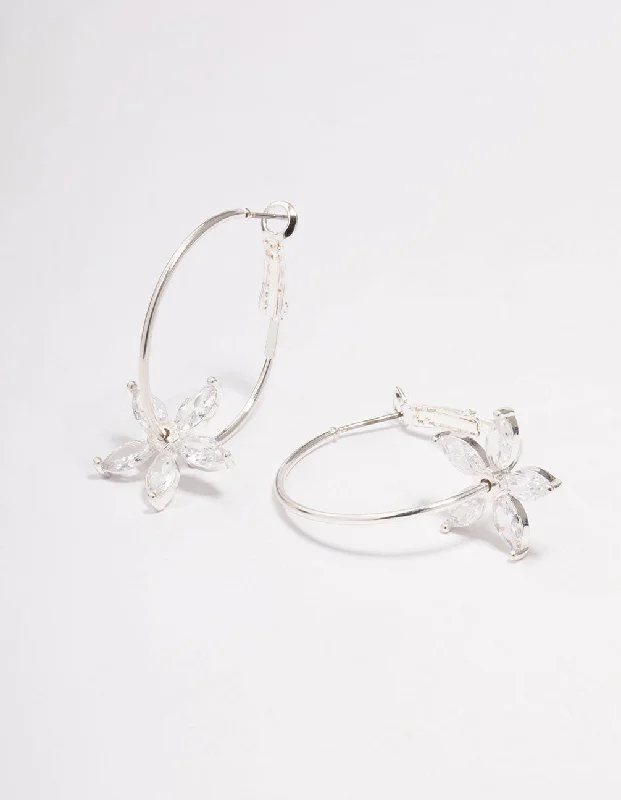 Geometric Hoop Earrings-Silver Cubic Zirconia Flower Hoop Earrings