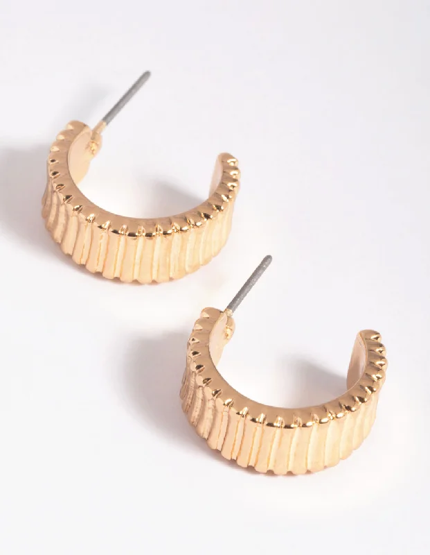 Gold Stud Earrings-Gold Horizontal Lines Huggie Hoop Earrings