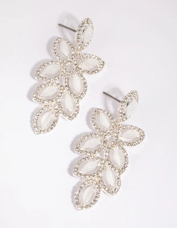 Pearl Dangle Earrings-Silver Flower Cut Out Diamante Drop Earrings