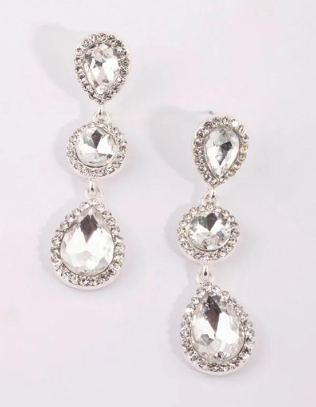 Casual Earrings-Silver Circular & Teardrop Diamante Earrings