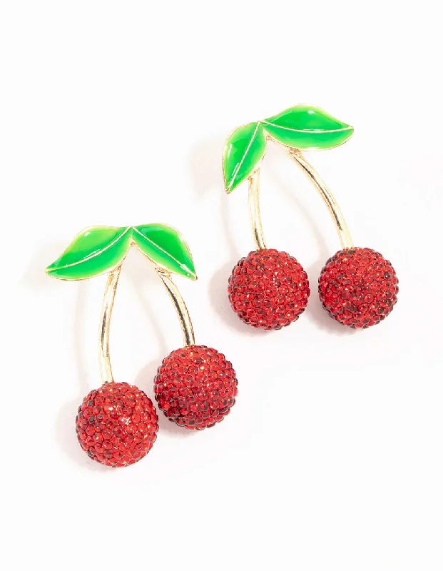 Glittery Hoop Earrings-Red Diamante Cherry Drop Earrings