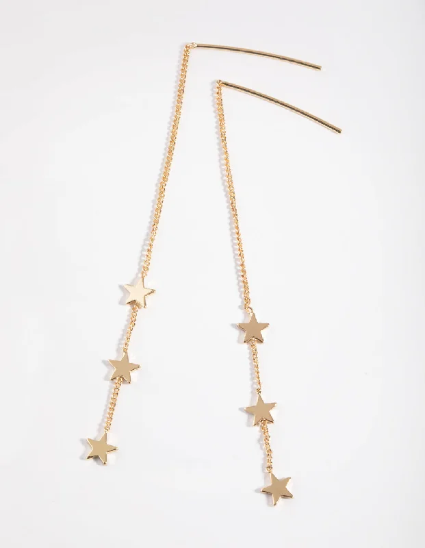 Geometric Dangle Earrings-Gold Plated Three Stars Thread Through Earrings