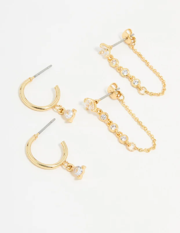 Gothic Style Earrings-Gold Plated Cubic Zirconia Stud & Chain Earrings 2-Pack