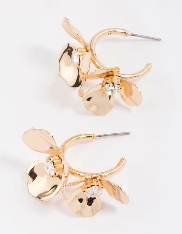 Crystal Stud Earrings-Gold Double Diamante Flower Hoop Earrings