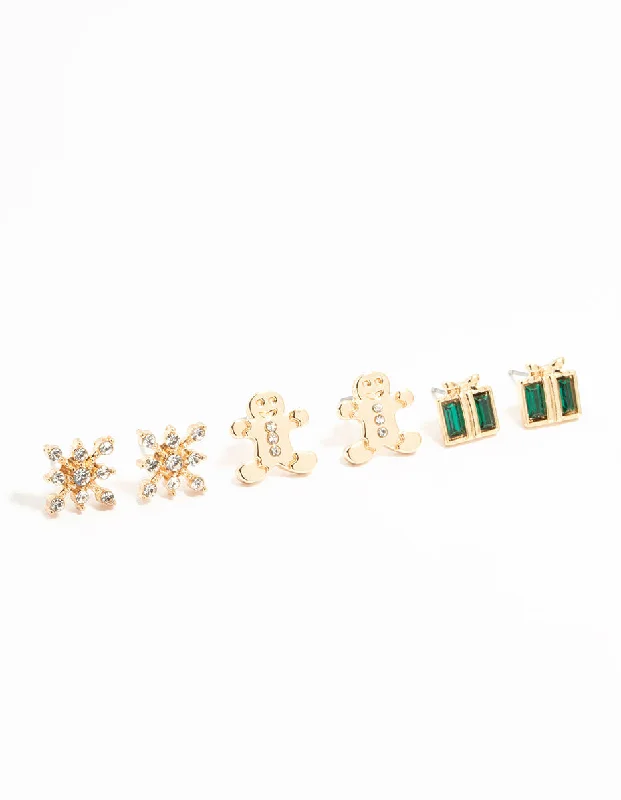 Handmade Gold Earrings-Snowflake & Present Earrings Ornament 3-Pack