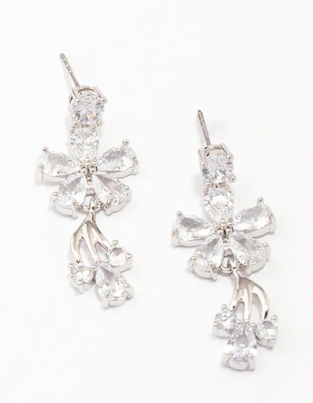 Unique Silver Earrings-Silver Cubic Zirconia Flower Small Drop Earrings