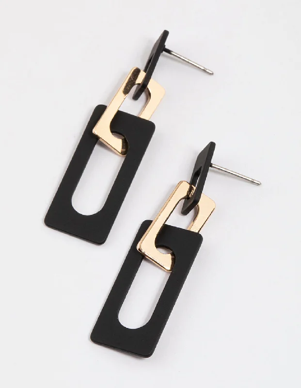 Unique Dangle Hoop Earrings-Black Coated Double Rectangle Drop Earrings