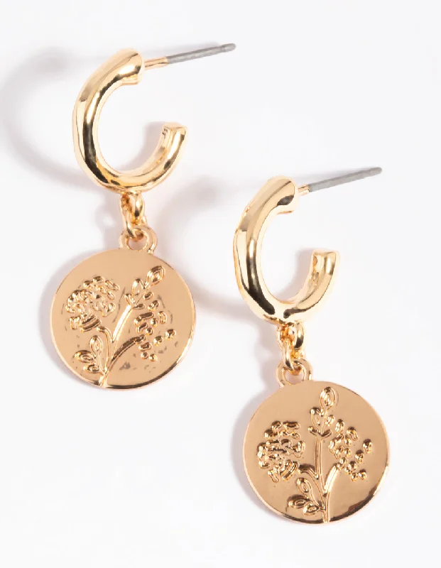 Luxury Pearl Earrings-Gold Flower Disc Huggie Hoop Earrings