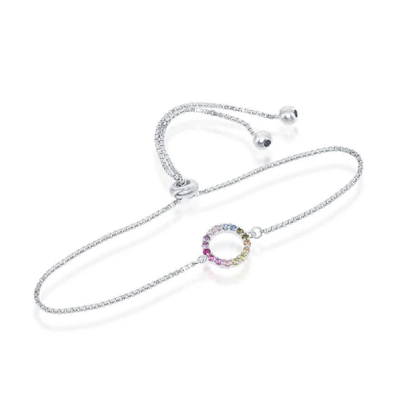 Sparkly Silver Bracelet-Sterling Silver Rainbow CZ Open Circle with Box Chain Bracelet