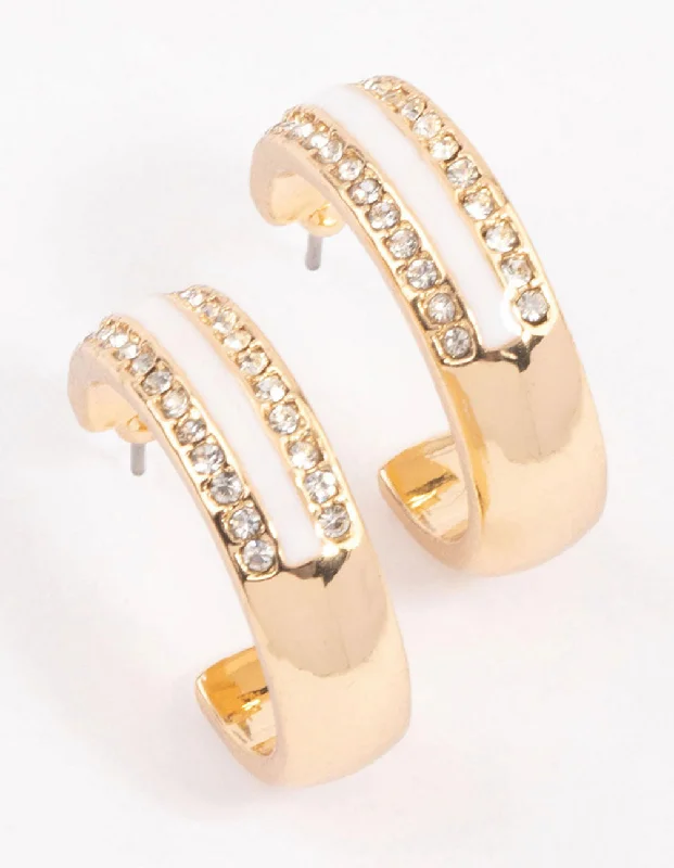 Elegant Chandelier Earrings-Gold Diamante & Enamel Stripe Hoop Earrings