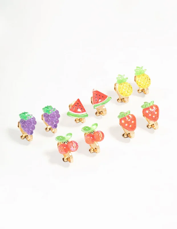 Colored Hoop Earrings-Gold Fruit Salad Clip On Earrings 5-Pack