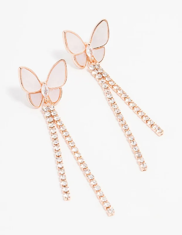 Silver Chain Earrings-Rose Gold Plated Mother Of Pearl Butterfly & Cubic Zirconia Cup Chain Earrings