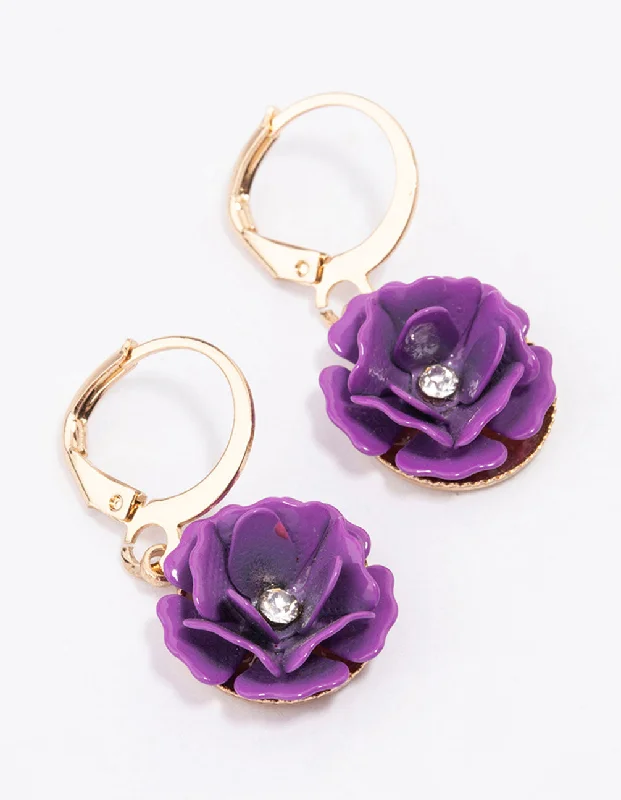 Dainty Gold Earrings-Purple Acrylic Rose Huggie Earrings