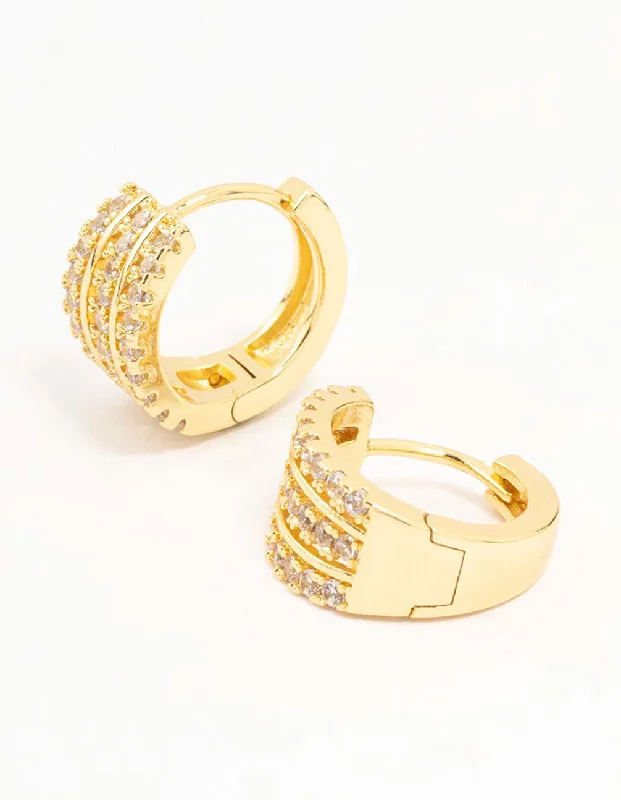 Textured Gold Earrings-Gold Plated Triple Pave Hoop Earrings