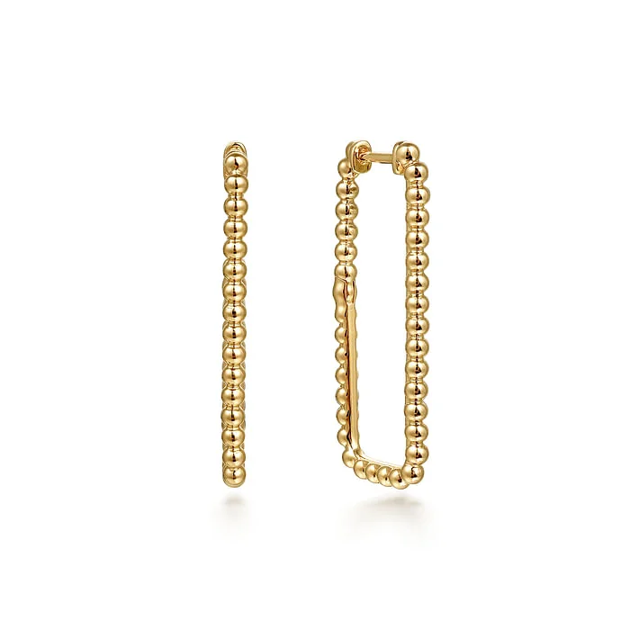 Fancy Drop Earrings-14K Yellow Plain Gold Bujukan Beads 30mm Rectangle Hoop Earrings