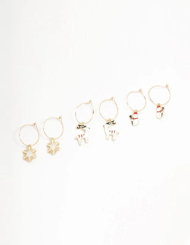 Rose Gold Earrings-Gold Reindeer & Winter Charms Hoop Earrings 3-Pack